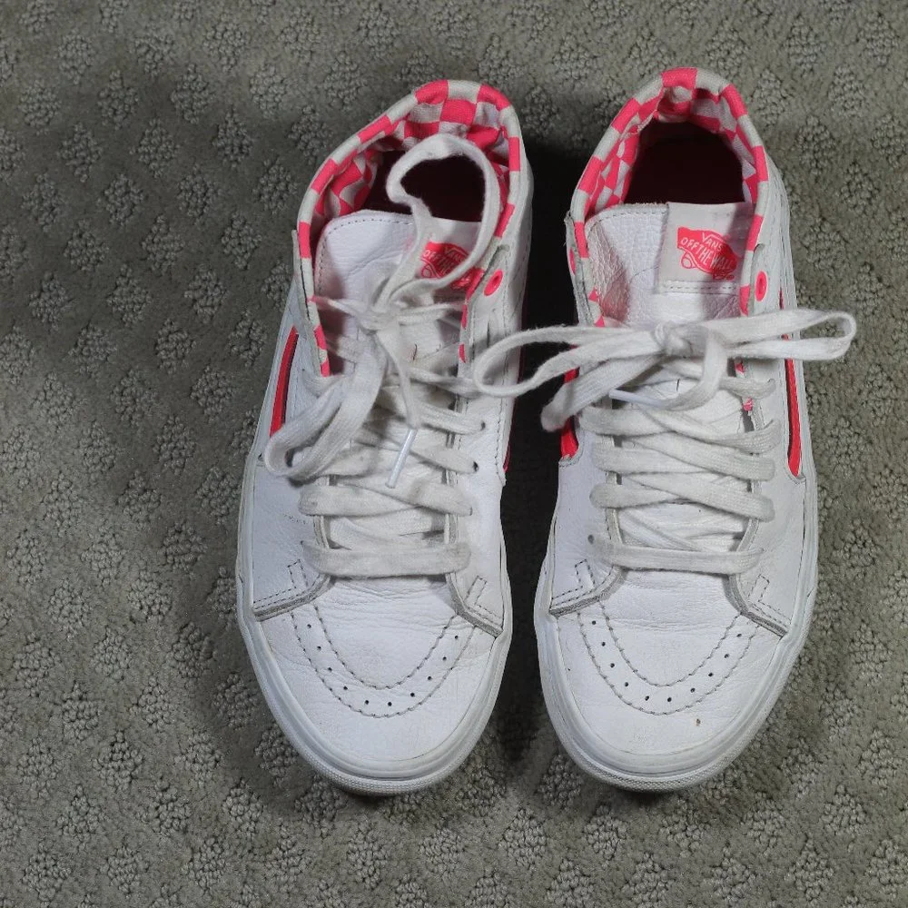 Vans Women's Size 6.5 White and Neon Pink Leather High Top Shoes